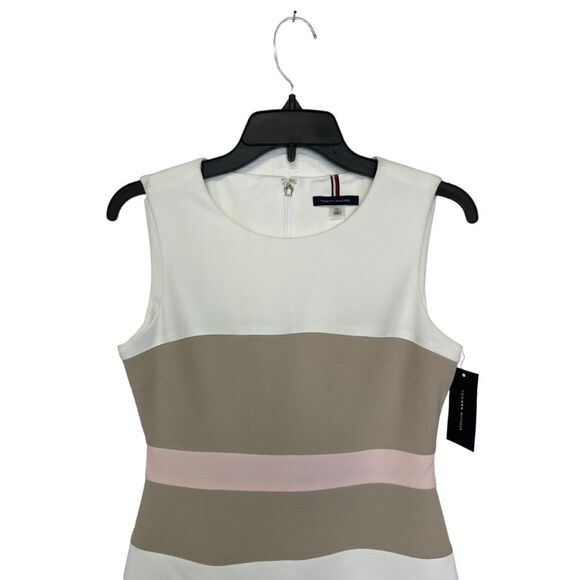 NWT TOMMY HILFIGER | Pink Beige Striped Scuba Sheath Dress 10 - Picture 5 of 11